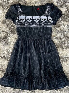 HELL BUNNY Black Skull Print Polka Dot Dress - size XS